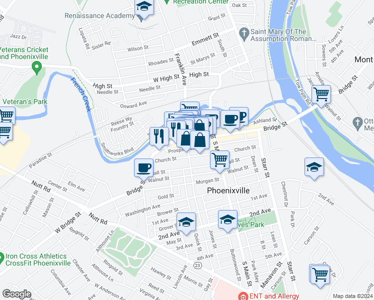 map of restaurants, bars, coffee shops, grocery stores, and more near 22 Gay Street in Phoenixville