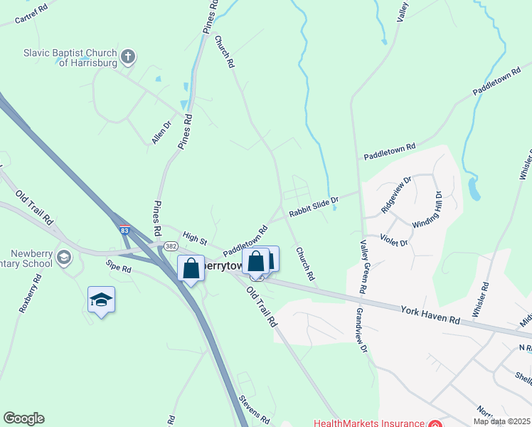 map of restaurants, bars, coffee shops, grocery stores, and more near 385 Church Road in York County