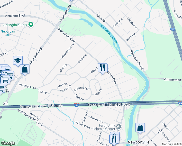 map of restaurants, bars, coffee shops, grocery stores, and more near 6175 Edge Avenue in Bensalem