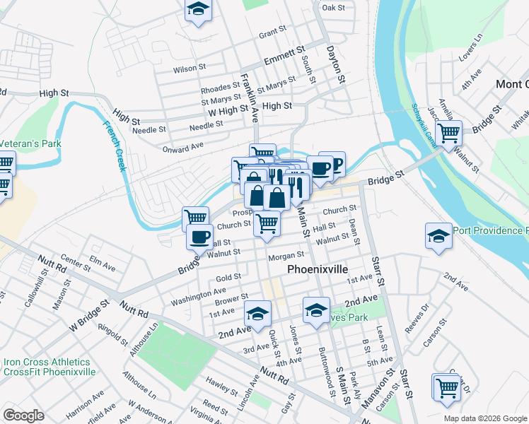 map of restaurants, bars, coffee shops, grocery stores, and more near 242 Church Street in Phoenixville