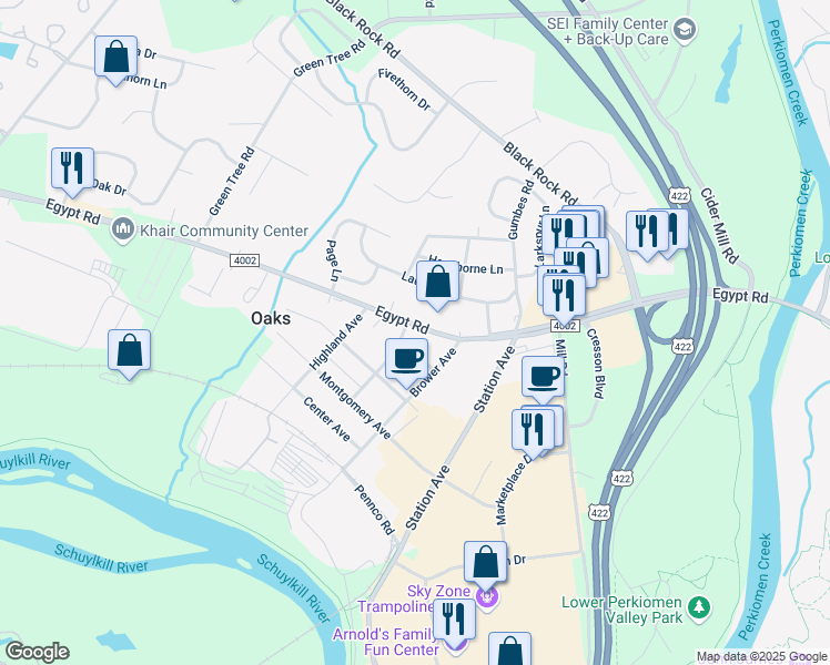 map of restaurants, bars, coffee shops, grocery stores, and more near 1221 Egypt Road in Phoenixville