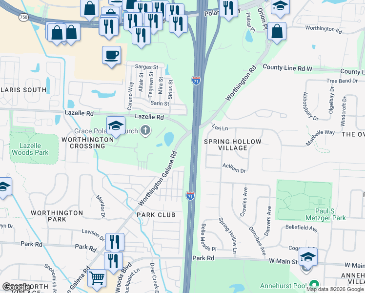 map of restaurants, bars, coffee shops, grocery stores, and more near 1650 Crescent Ridge Boulevard in Westerville