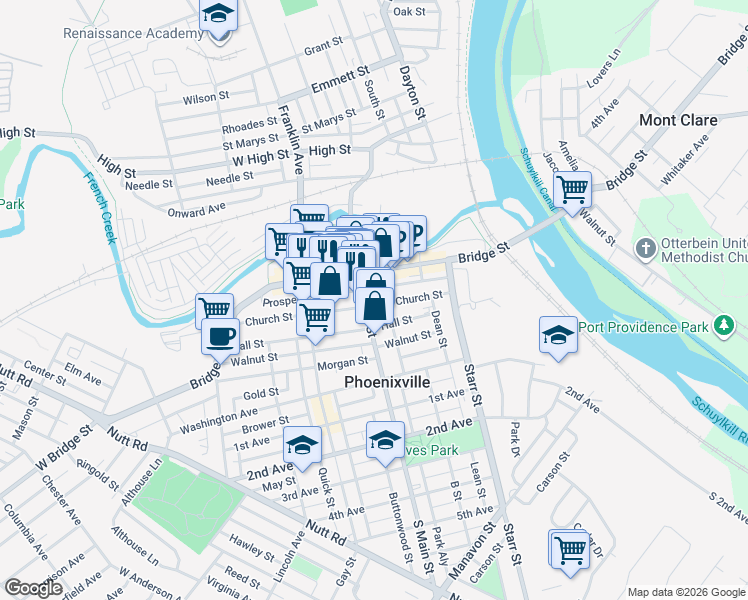 map of restaurants, bars, coffee shops, grocery stores, and more near 110 Main Street in Phoenixville