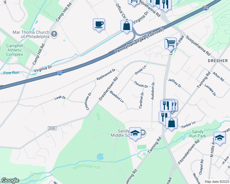 map of restaurants, bars, coffee shops, grocery stores, and more near 406 Bluebird Lane in Dresher