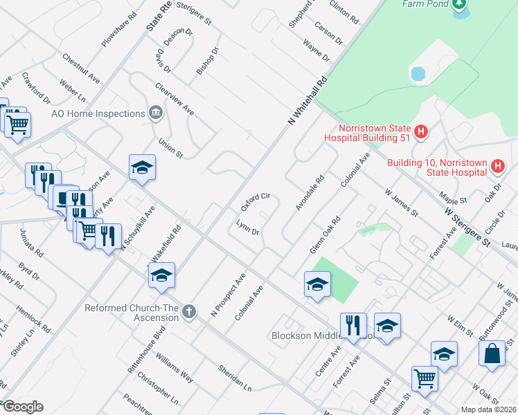 map of restaurants, bars, coffee shops, grocery stores, and more near 219 Oxford Circle in Eagleville