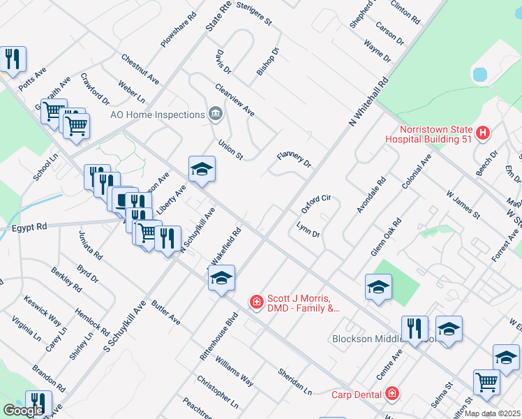 map of restaurants, bars, coffee shops, grocery stores, and more near 307 Middleton Place in Eagleville