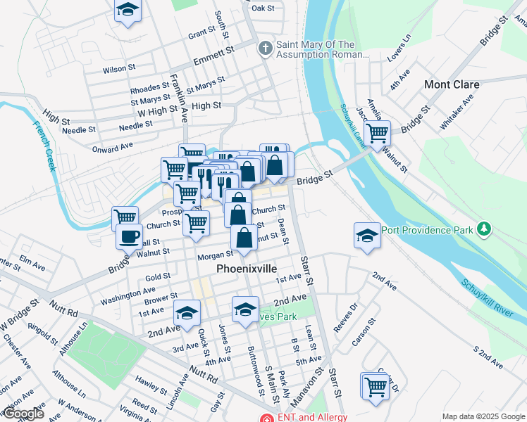 map of restaurants, bars, coffee shops, grocery stores, and more near 119 Jackson Street in Phoenixville