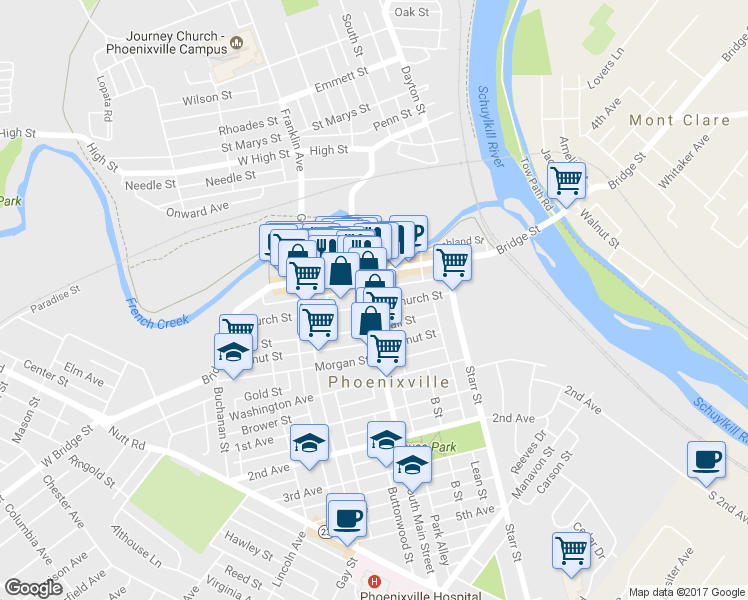 map of restaurants, bars, coffee shops, grocery stores, and more near 110 Main Street in Phoenixville
