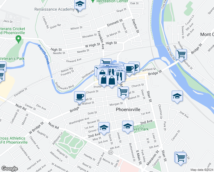 map of restaurants, bars, coffee shops, grocery stores, and more near 242 Church Street in Phoenixville