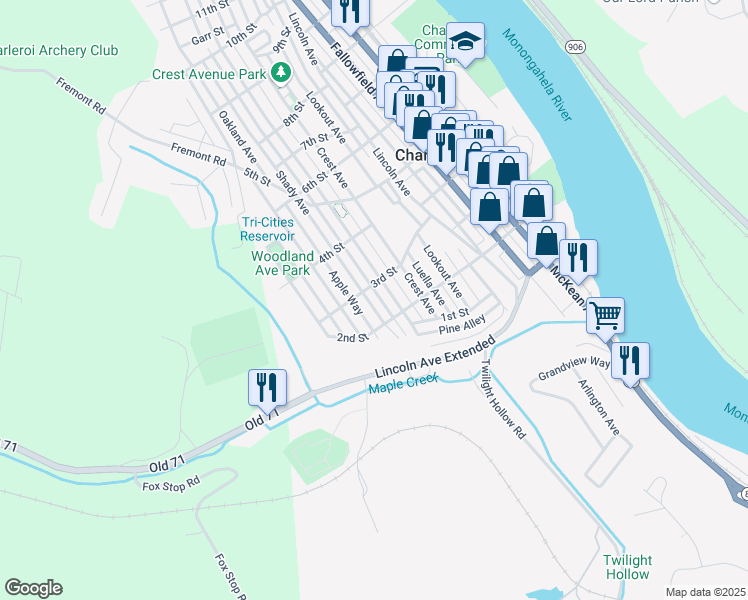 map of restaurants, bars, coffee shops, grocery stores, and more near 205 Shady Avenue in Charleroi