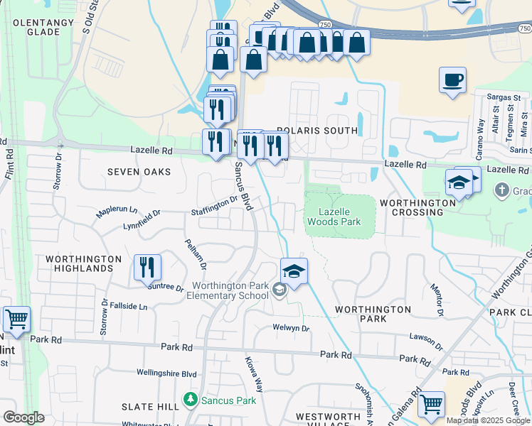 map of restaurants, bars, coffee shops, grocery stores, and more near 1010 Philadelphia Drive in Westerville