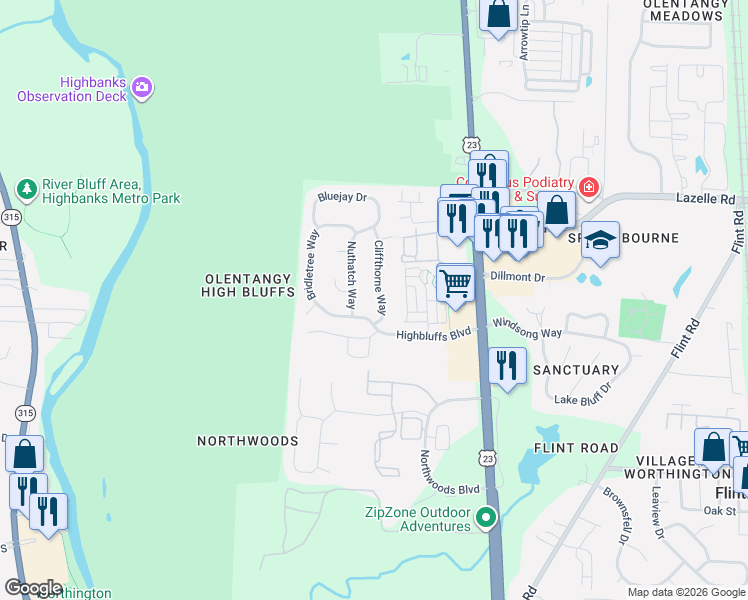 map of restaurants, bars, coffee shops, grocery stores, and more near 199 Highbluffs Boulevard in Columbus