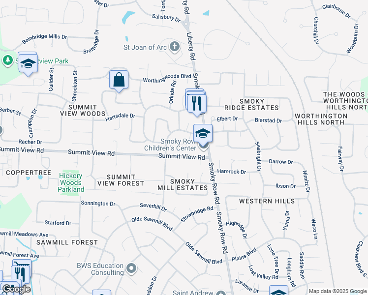 map of restaurants, bars, coffee shops, grocery stores, and more near 2124 Summit View Road in Powell