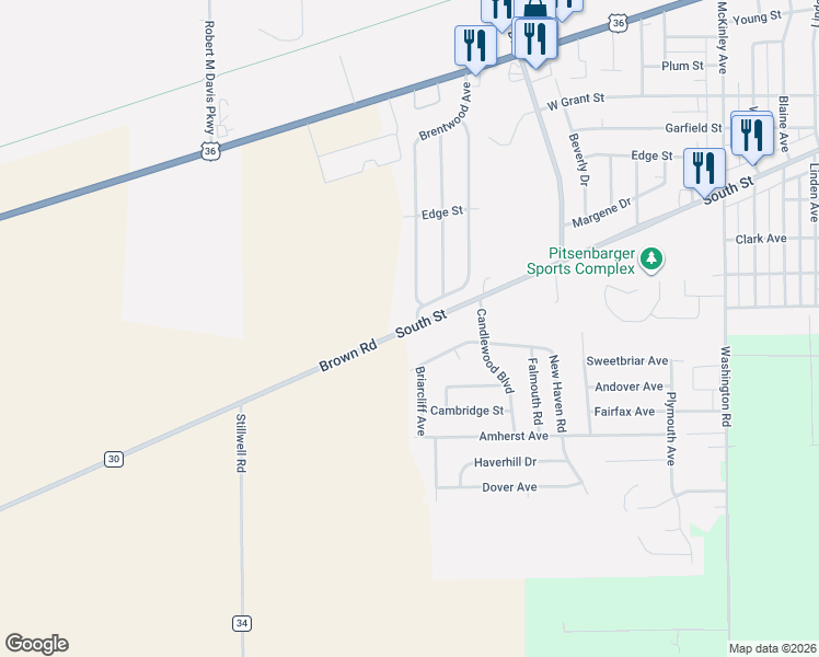 map of restaurants, bars, coffee shops, grocery stores, and more near 1718 New Haven Road in Piqua