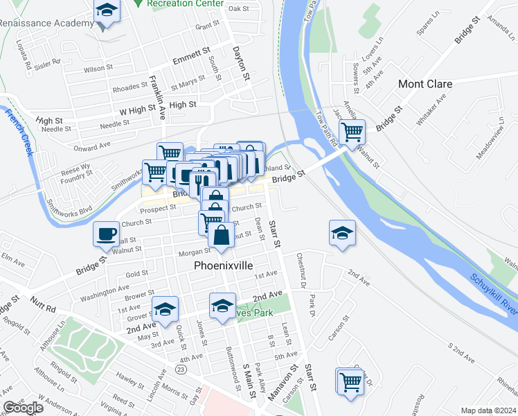 map of restaurants, bars, coffee shops, grocery stores, and more near 25 Hall Street in Phoenixville
