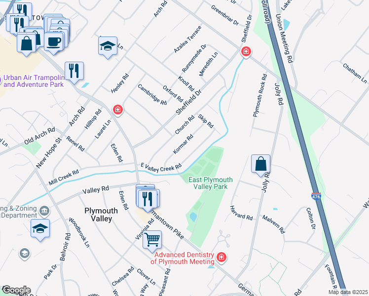 map of restaurants, bars, coffee shops, grocery stores, and more near 16 Kormar Road in Plymouth Meeting