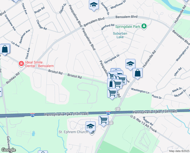 map of restaurants, bars, coffee shops, grocery stores, and more near 2453 Barnsleigh Drive in Bensalem