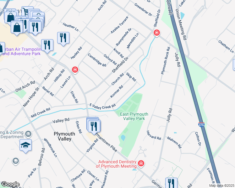 map of restaurants, bars, coffee shops, grocery stores, and more near 16 Kormar Road in Plymouth Meeting