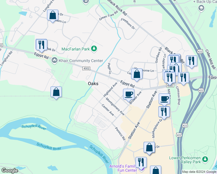 map of restaurants, bars, coffee shops, grocery stores, and more near 405 Perkiomen Avenue in Phoenixville