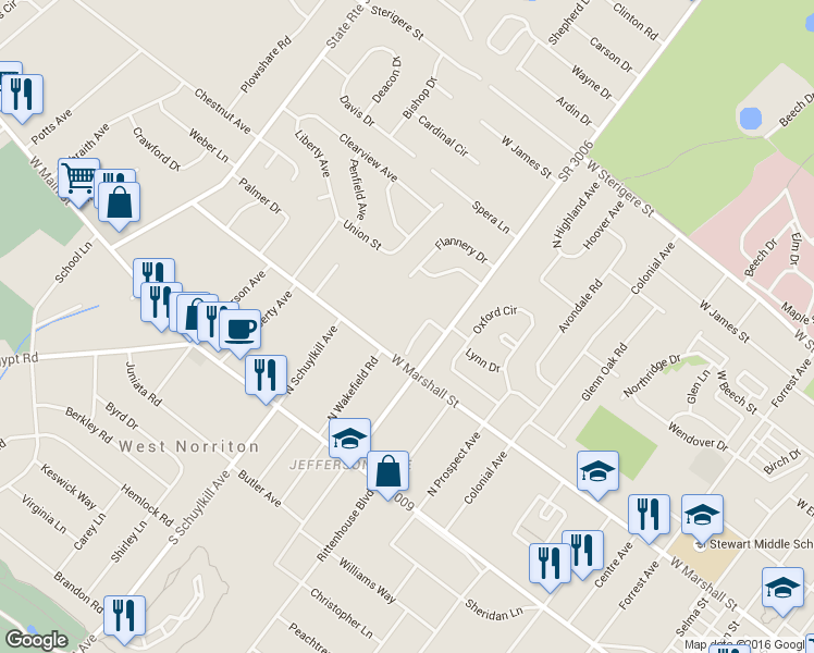 map of restaurants, bars, coffee shops, grocery stores, and more near 308 Middleton Place in Norristown