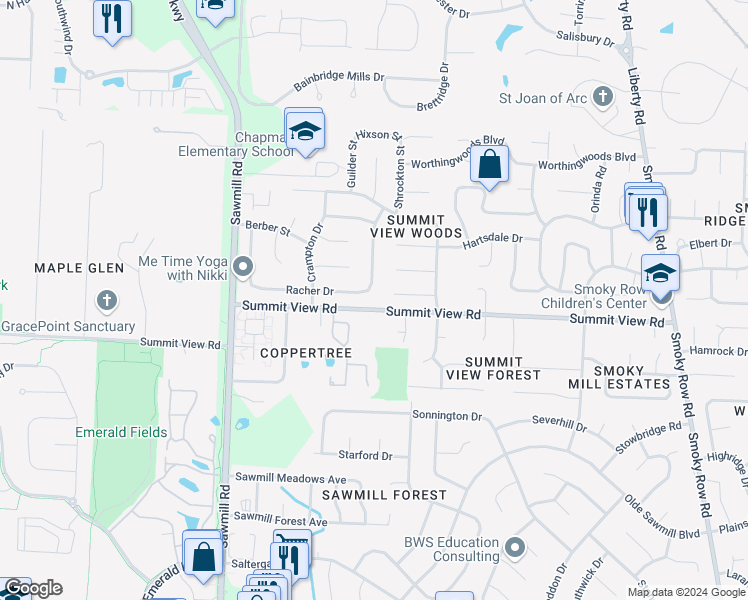 map of restaurants, bars, coffee shops, grocery stores, and more near 8700 Renfrew Street in Powell