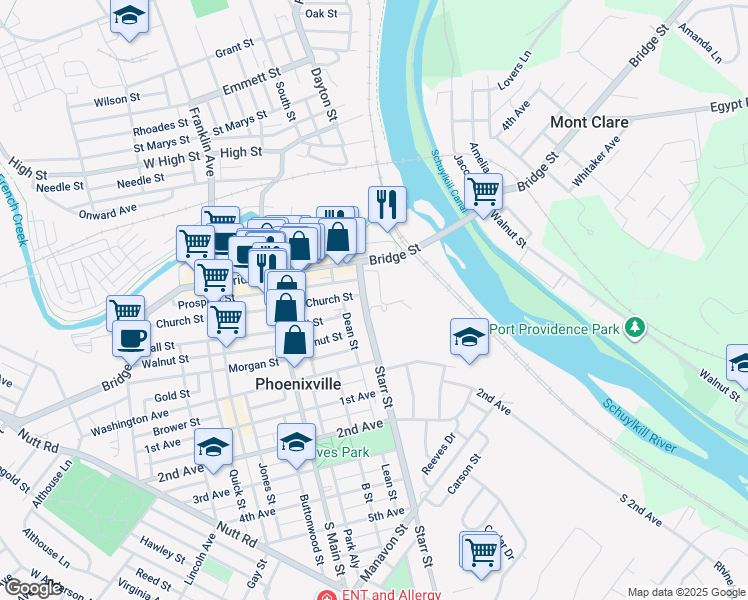 map of restaurants, bars, coffee shops, grocery stores, and more near 99 Starr Street in Phoenixville
