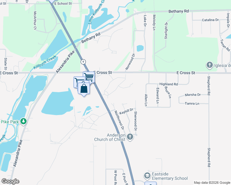 map of restaurants, bars, coffee shops, grocery stores, and more near 1611 Cottonwood Drive in Anderson