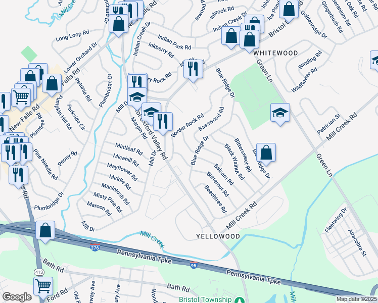 map of restaurants, bars, coffee shops, grocery stores, and more near 23 Boston Ivy Road in Levittown