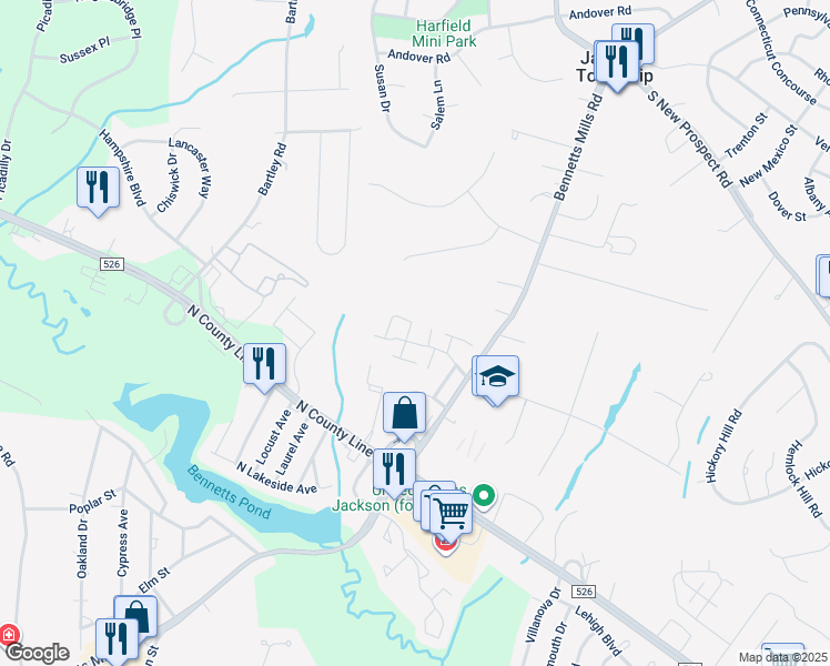 map of restaurants, bars, coffee shops, grocery stores, and more near 7 Colonial Court in Jackson Township