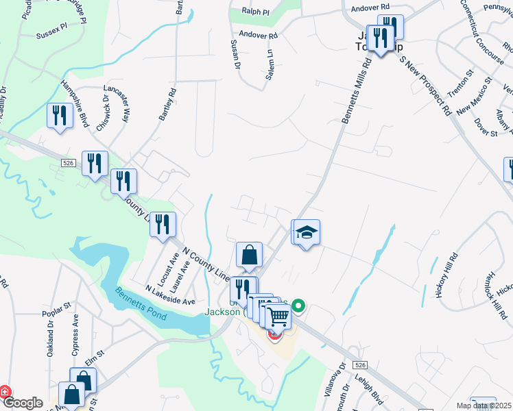 map of restaurants, bars, coffee shops, grocery stores, and more near 7 Colonial Court in Jackson Township