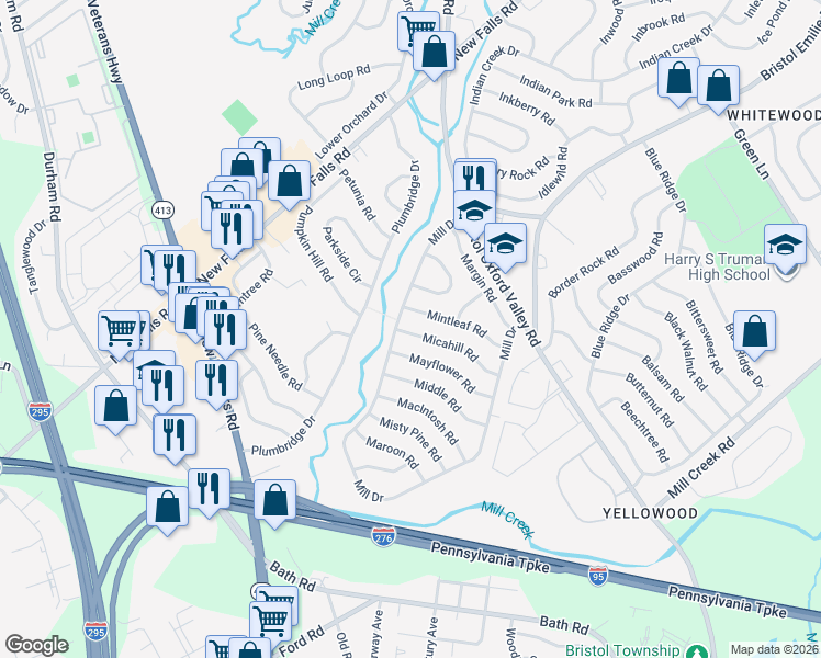 map of restaurants, bars, coffee shops, grocery stores, and more near 44 Mayflower Road in Levittown