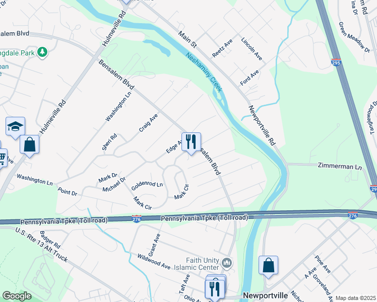 map of restaurants, bars, coffee shops, grocery stores, and more near 6260 Fulton Avenue West in Bensalem