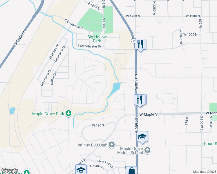 map of restaurants, bars, coffee shops, grocery stores, and more near 262 North Santa Fe Drive in Mapleton
