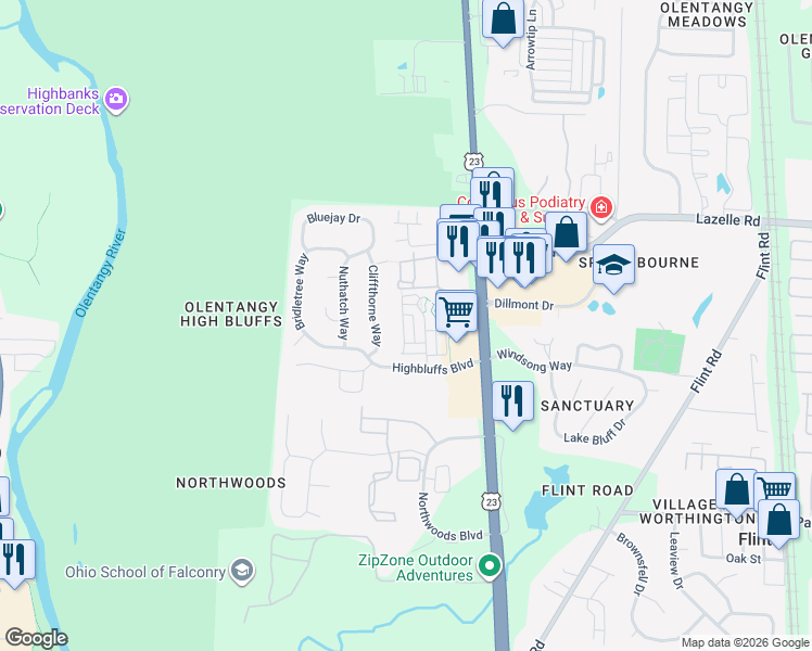 map of restaurants, bars, coffee shops, grocery stores, and more near 8330 Cliffthorne Way in Columbus