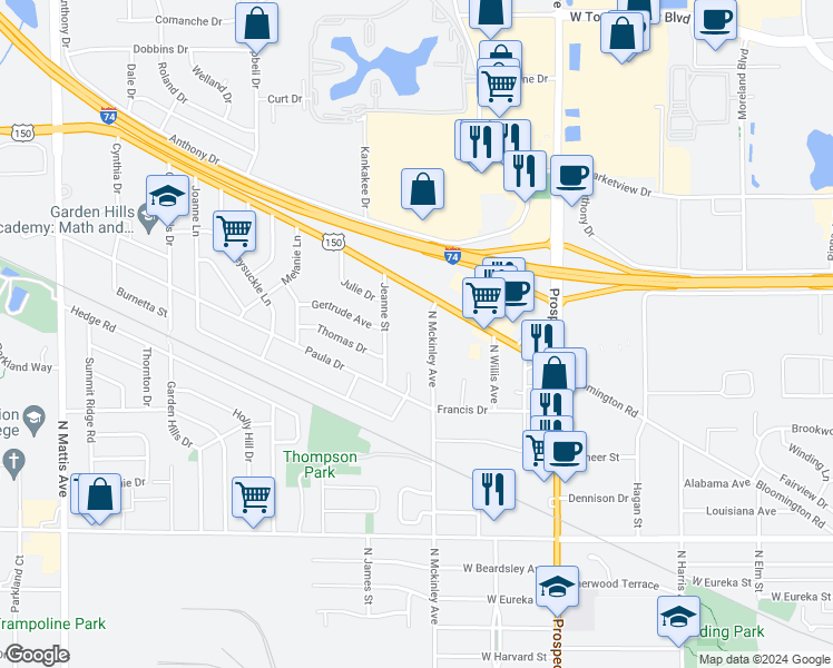 map of restaurants, bars, coffee shops, grocery stores, and more near 1515 North Mckinley Avenue in Champaign