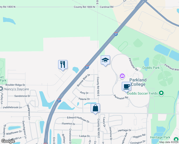 map of restaurants, bars, coffee shops, grocery stores, and more near 1706 Bonnie Blair Drive in Champaign