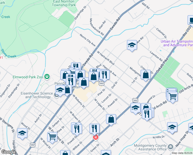map of restaurants, bars, coffee shops, grocery stores, and more near 304 West Johnson Highway in Norristown