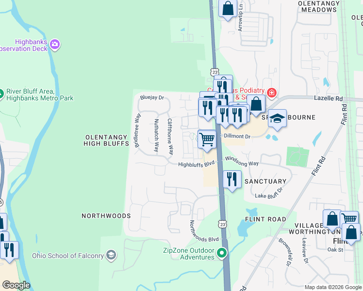 map of restaurants, bars, coffee shops, grocery stores, and more near 8330 Cliffthorne Way in Columbus