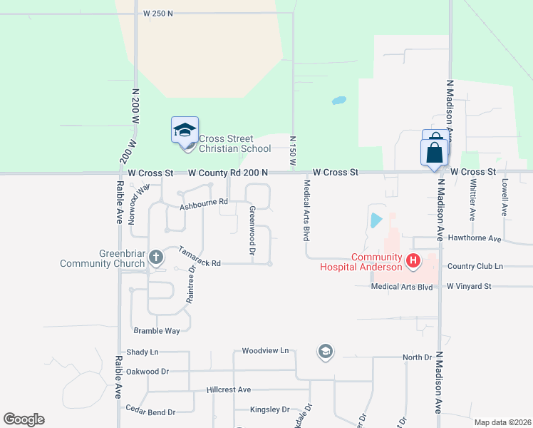 map of restaurants, bars, coffee shops, grocery stores, and more near 1736 Greenwood Drive in Anderson