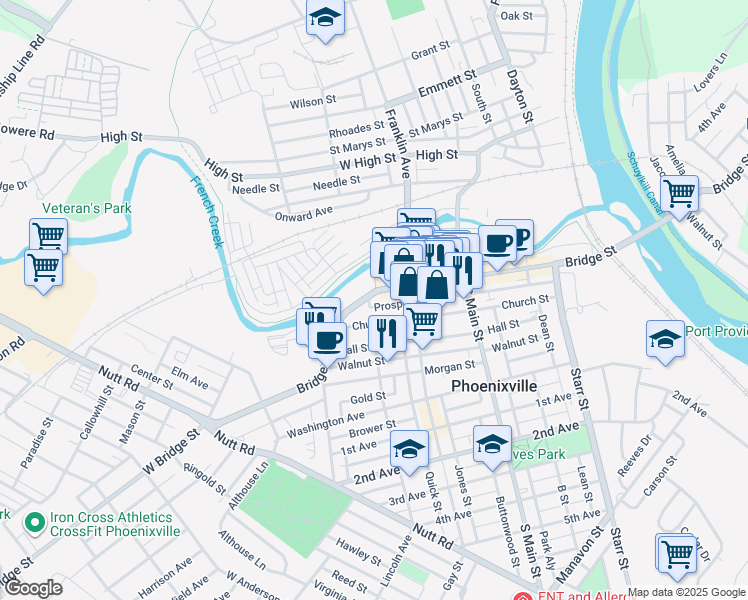 map of restaurants, bars, coffee shops, grocery stores, and more near 359 Church Street in Phoenixville