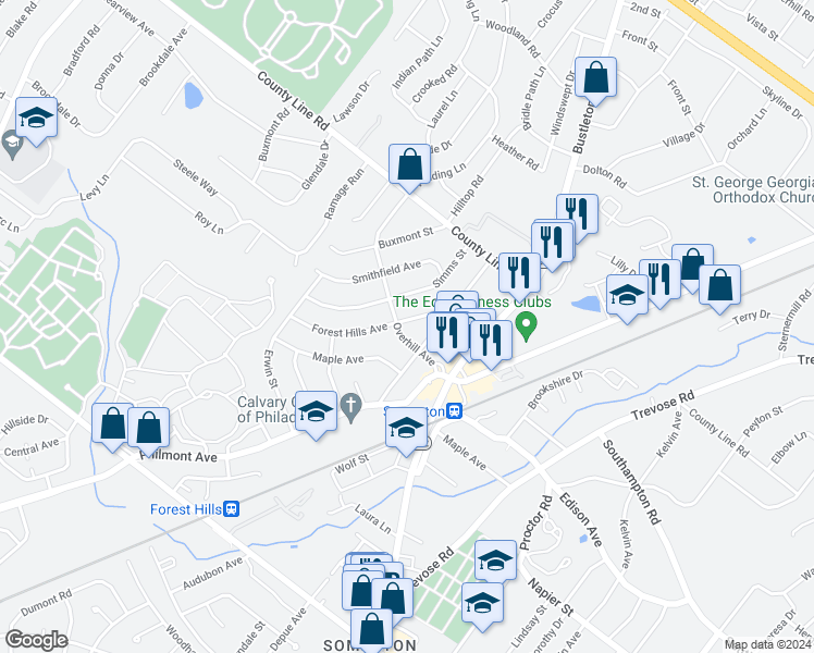 map of restaurants, bars, coffee shops, grocery stores, and more near 501 Forest Hills Avenue in Philadelphia