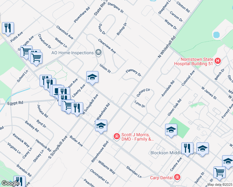 map of restaurants, bars, coffee shops, grocery stores, and more near 311 Middleton Place in Norristown