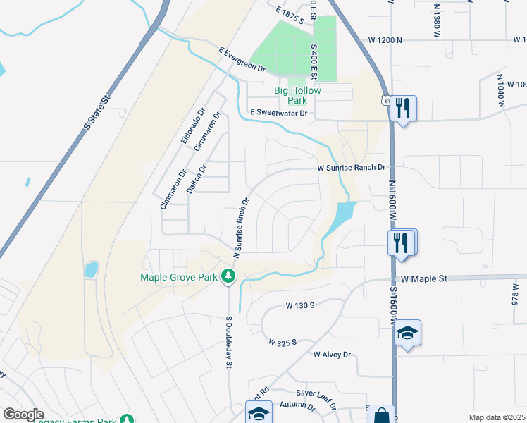 map of restaurants, bars, coffee shops, grocery stores, and more near North Pinnacle Avenue in Springville