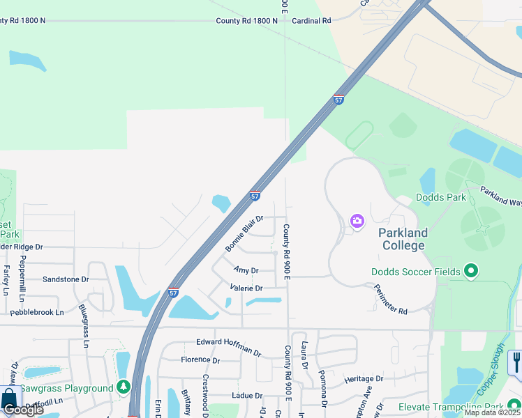 map of restaurants, bars, coffee shops, grocery stores, and more near 1706 Bonnie Blair Drive in Champaign