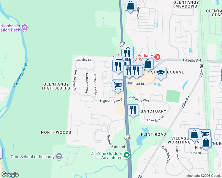 map of restaurants, bars, coffee shops, grocery stores, and more near 8288 Linton Boulevard in Columbus