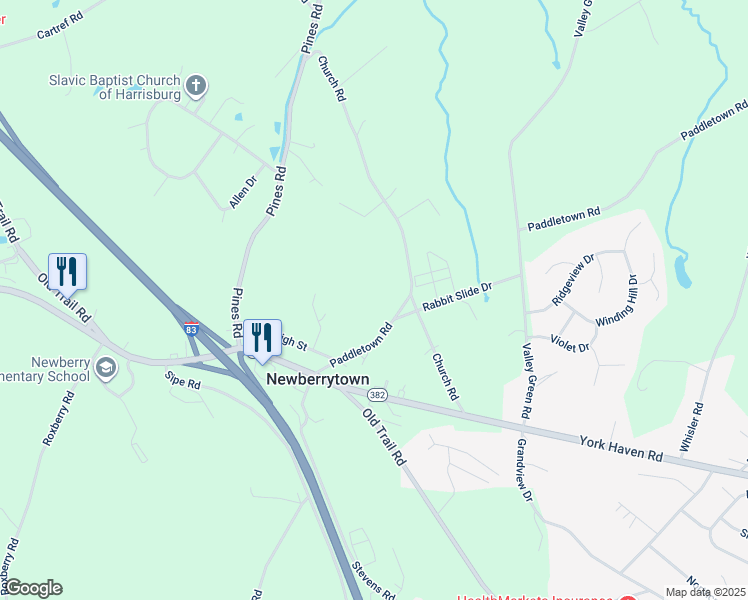 map of restaurants, bars, coffee shops, grocery stores, and more near 385 Church Road in York County