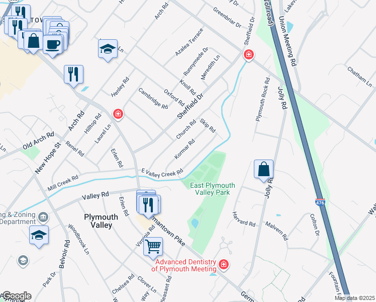 map of restaurants, bars, coffee shops, grocery stores, and more near 28 Church Road in Plymouth Meeting