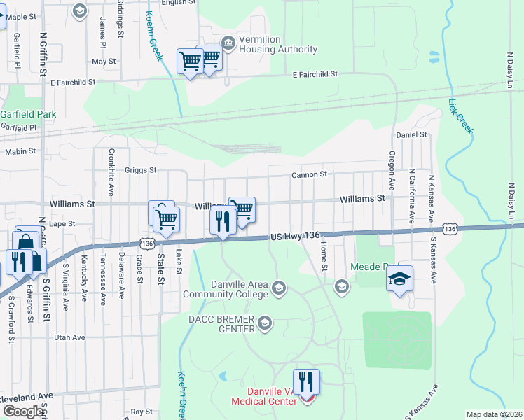 map of restaurants, bars, coffee shops, grocery stores, and more near 101-199 Illinois Street in Danville