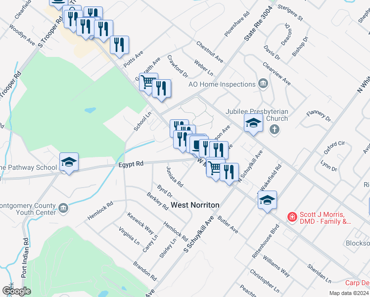 map of restaurants, bars, coffee shops, grocery stores, and more near 2020 West Main Street in Norristown