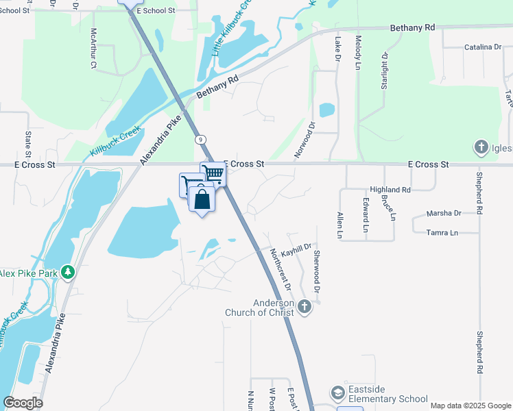map of restaurants, bars, coffee shops, grocery stores, and more near 1800 Cross Lakes Boulevard in Anderson